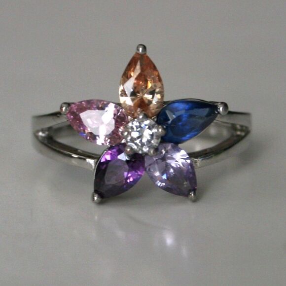 18KGP White Gold Pink Purple Blue Flower Ring Silver Tone- Size 8.5 - Picture 2 of 5